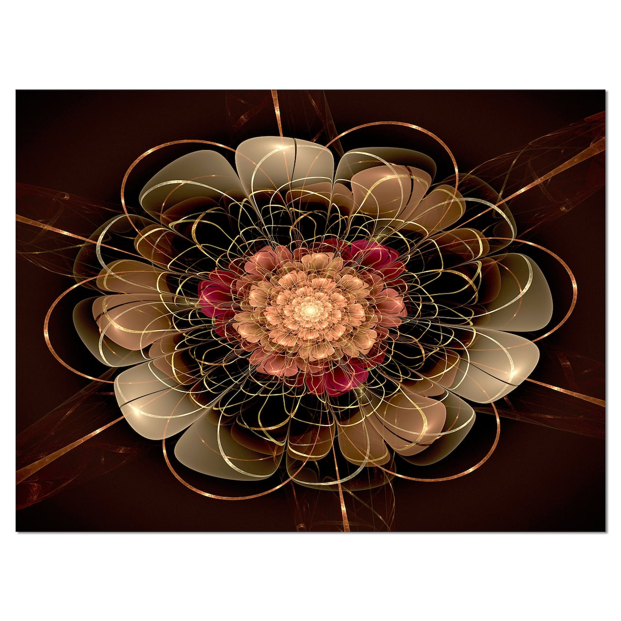Designart - Dark Gold Red Fractal Flower Pattern - Extra Large Floral Wall Art